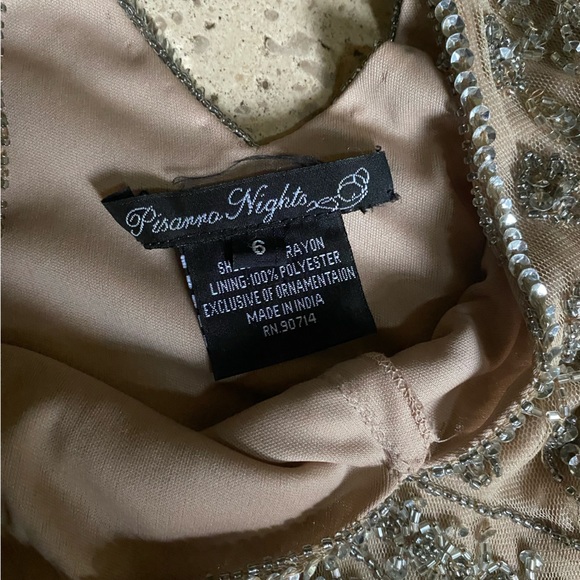 Pissarro Nights Tan & Silver Mesh Beaded Sequin Made in India Gown 6 Wedding - Picture 4 of 11